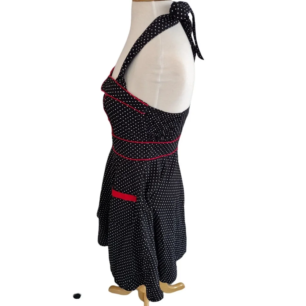 Hell Bunny | Black Polka Dot Red Trim Sweetheart Halter Fit & Flare Dress - Picture 4 of 14